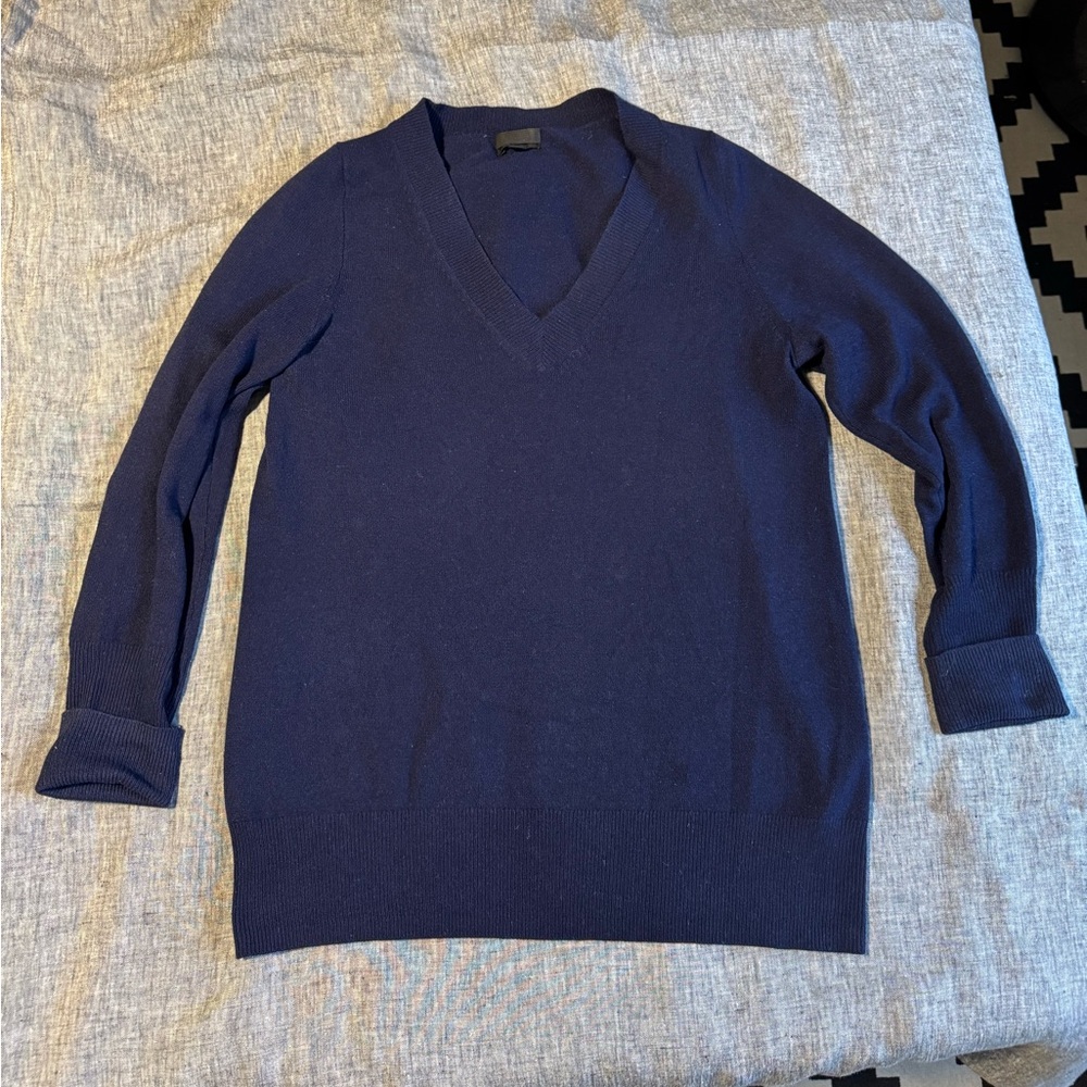J Crew Collection 100% Italian Cashmere V Neck Sweater Navy Size Large